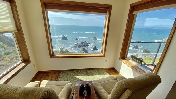 Ein Zimmer mit einem großen Fenster mit Blick auf eine zerklüftete Küstenlinie und den Ozean. Es gibt zwei beigefarbene Sessel und einen kleinen Holztisch mit Fernglas.