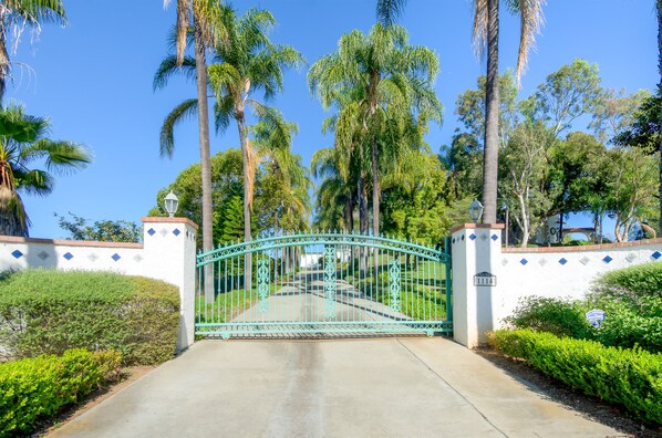 A gated entrance with a decorative metal gate, surrounded by palm trees and a white wall with blue diamond patterns.