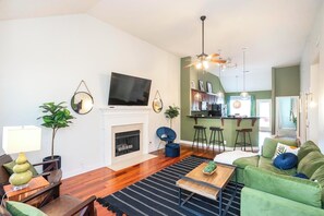 TV connectée, cheminée, lecteur de DVD, livres