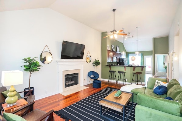 Smart TV, fireplace, DVD player, books