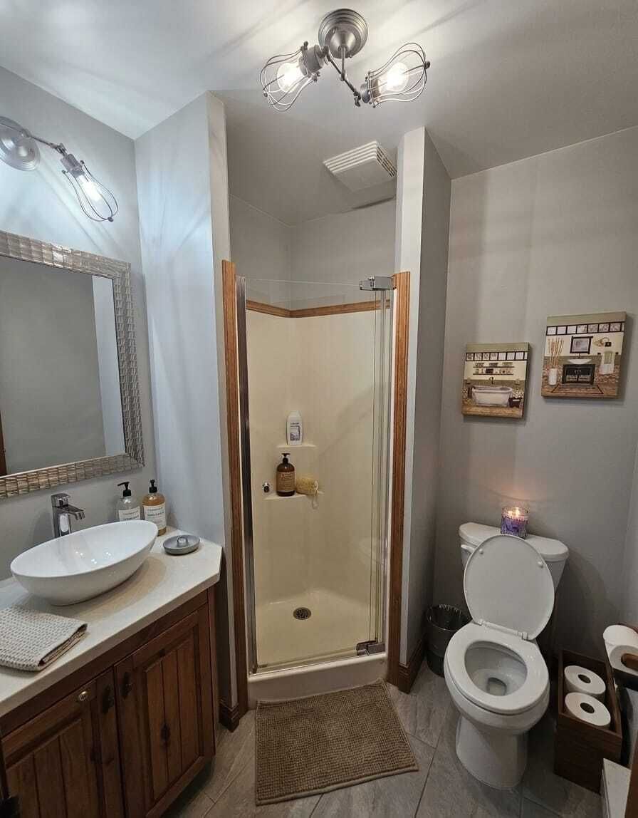 A bathroom with a large mirror, a sink, a toilet, a shower, and a vanity with cabinets.