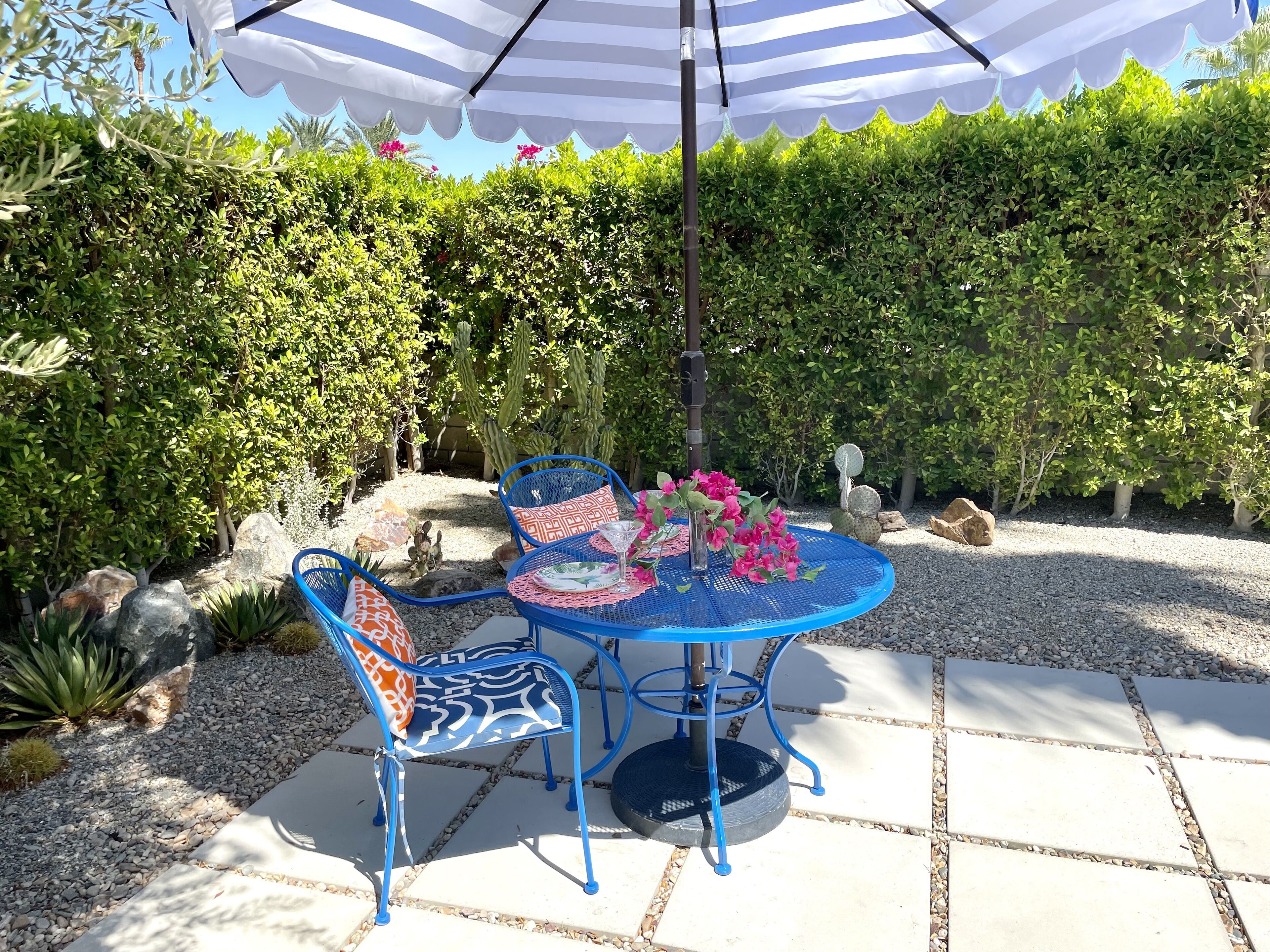Eine Außenpatio mit einem runden Tisch und blauen Stühlen, umgeben von einer Hecke und Kakteen.