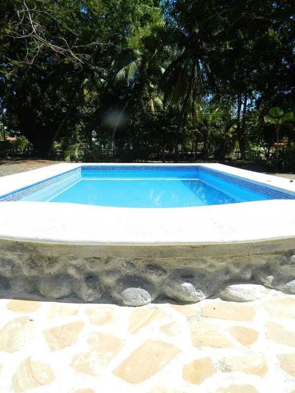 A rectangular swimming pool with a tiled edge, surrounded by a stone deck.