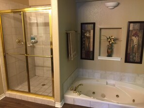 Combined shower/bathtub, jetted bath, hair dryer, towels - Lake Travis Waterfront - Outstanding Views, Boat Dock/Deep Water, Walk to Pool (Point Venture)