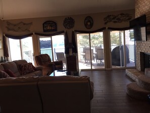 Smart TV, fireplace, video games, DVD player