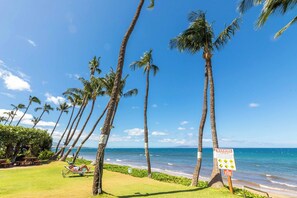 Enjoy a serene beach experience with scenic ocean views, picnic tables, and lounge chairs.