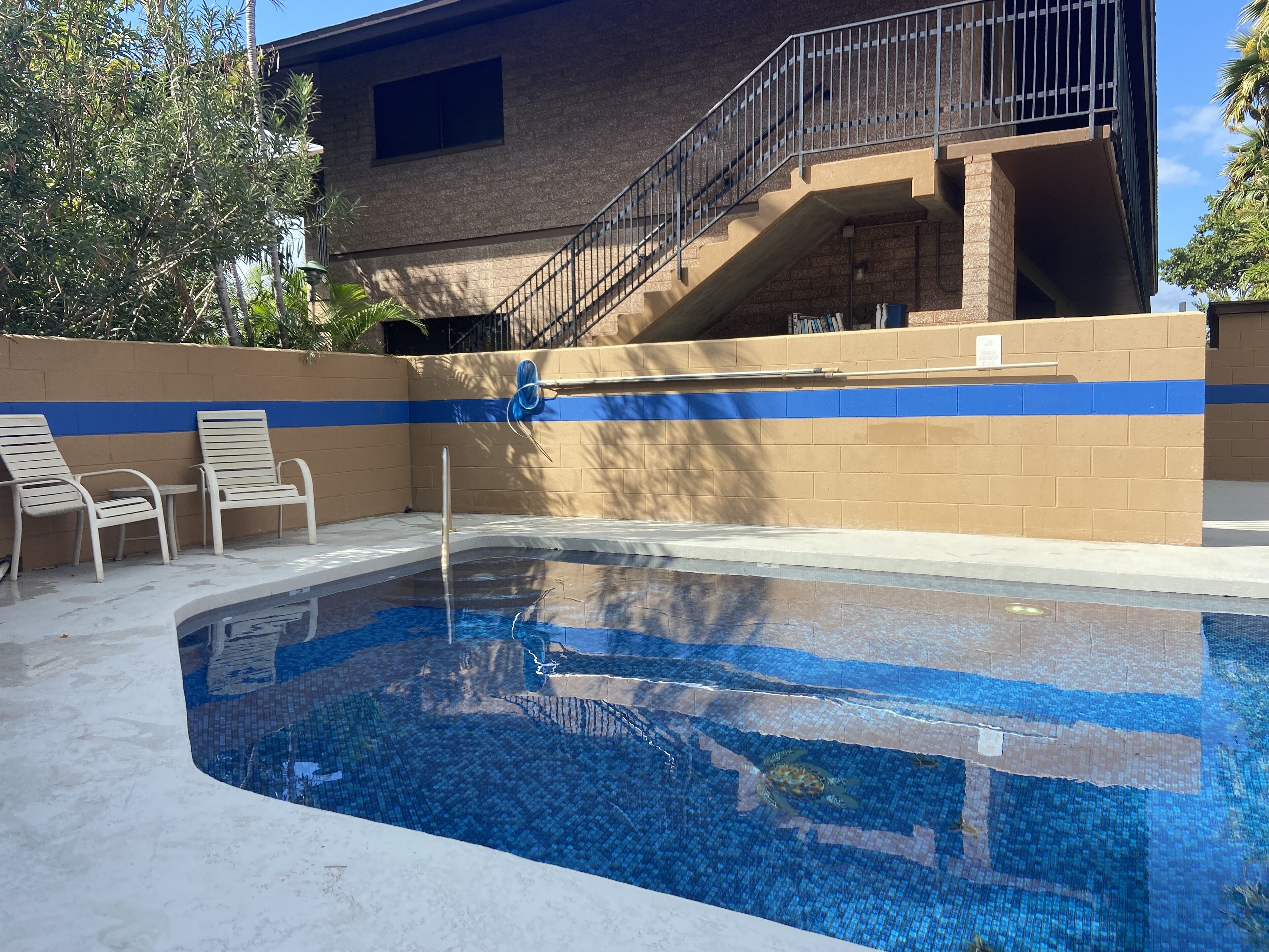 A swimming pool with a blue mosaic tile design, adjacent to a building with a blue and beige color scheme, and a staircase leading to an upper level.