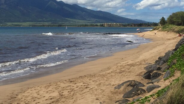 Una playa con costa rocosa, olas y montañas al fondo.