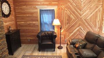 Smart TV, fireplace, foosball, books