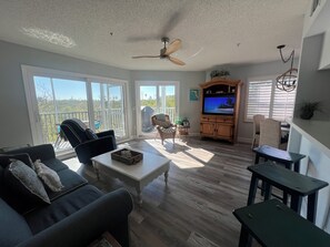 Smart-TV, DVD-spiller, bøker og stereoanlegg