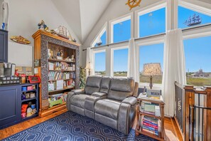 TV, DVD player, books, video library