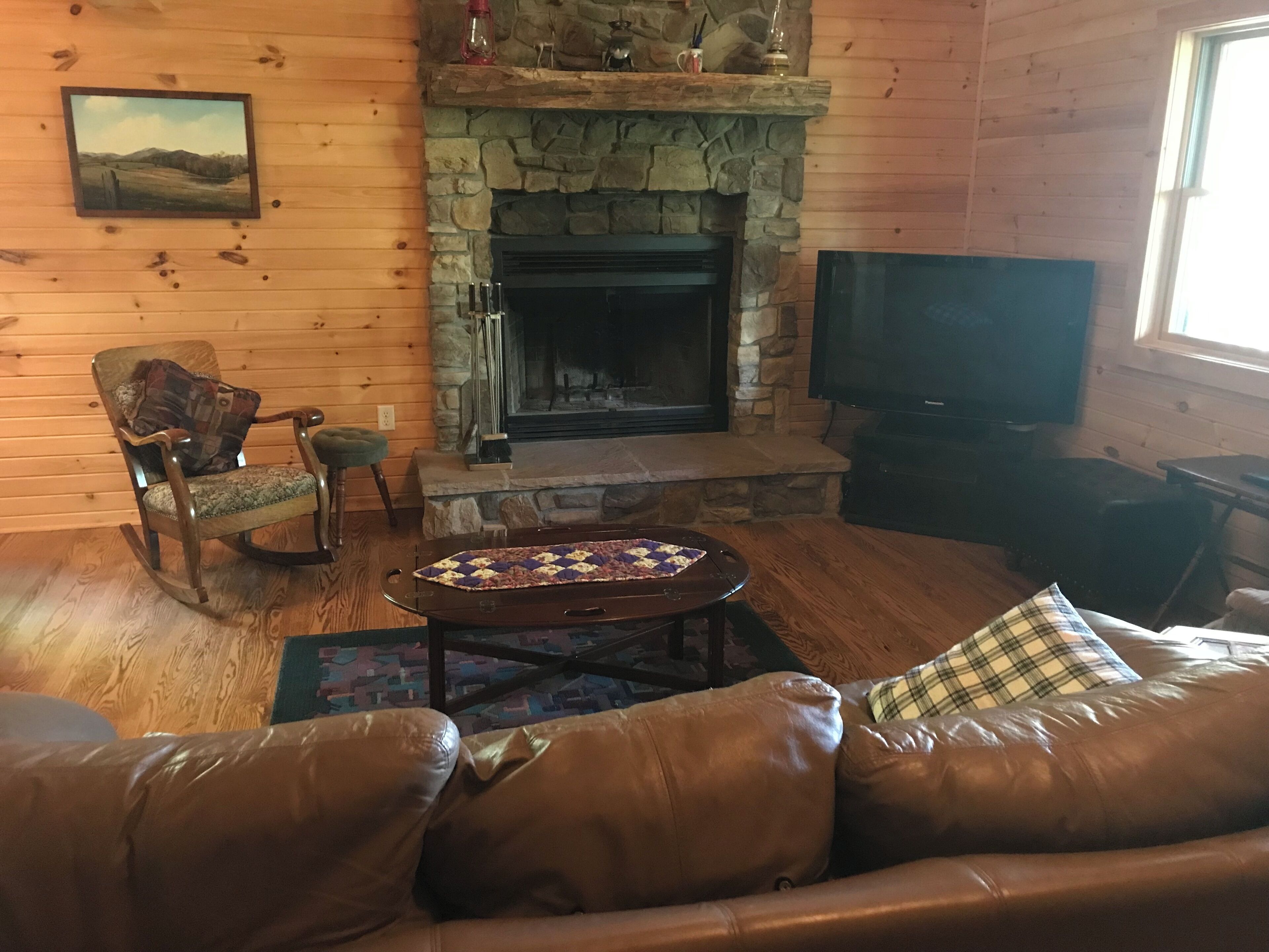 TV, fireplace, DVD player, books
