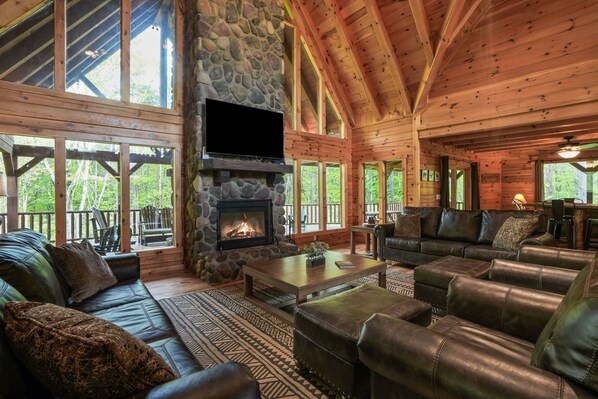 Smart TV, fireplace, foosball