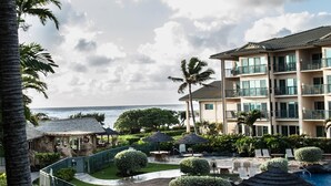 A resort with a pool, palm trees, and a view of the ocean. -  Luxury Ocean Front Property!  Ocean& pool view.  B204  (Kapaa)