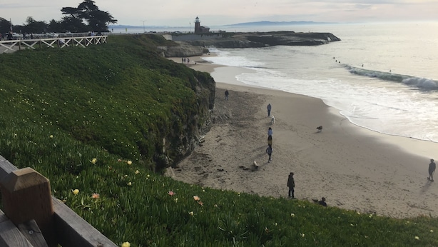 Escena costera con una playa, un faro, acantilados cubiertos de hierba y un paseo de madera.