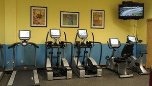 Een fitnessruimte met loopbanden, een crosstrainer en een hometrainer, plus een televisie aan de muur.