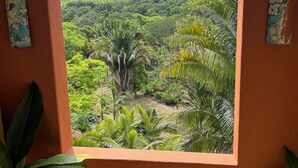 Una ventana con vistas a un paisaje verde y exuberante, enmarcado por una pared marrón rojiza.