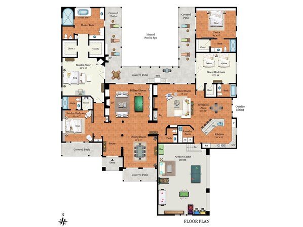A floor plan with a master suite, king and queen beds, a billiard room, a covered patio, a breakfast area, a kitchen, a dining room, a bathroom, a garden bedroom, and a covered entryway.