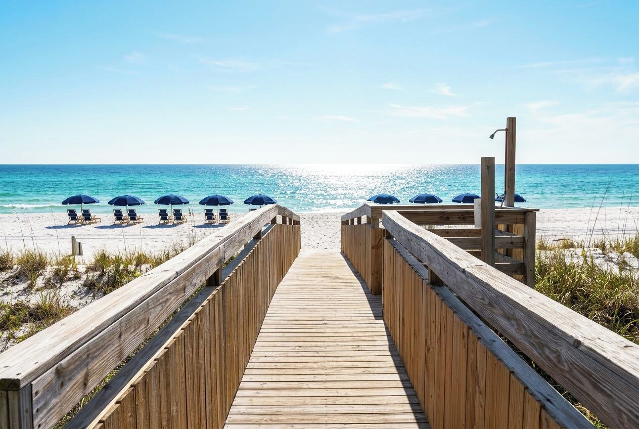 A wooden boardwalk leading to beach umbrellas and lounge chairs.