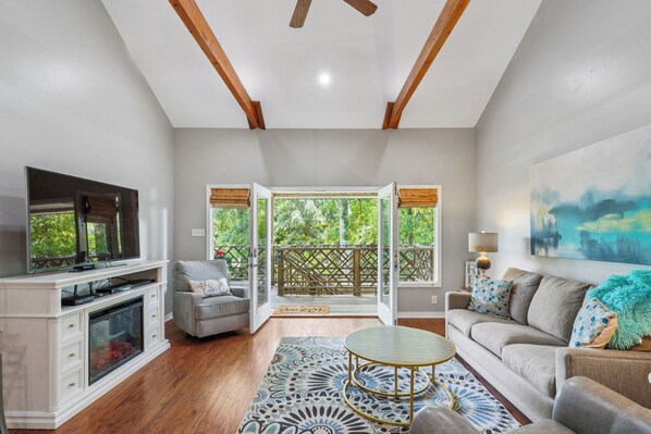 Smart TV, fireplace, DVD player, books