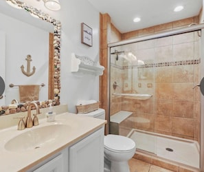 Shower, hair dryer, towels
