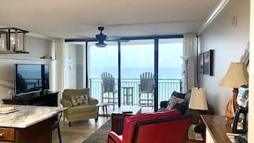 Smart TV, fireplace, books