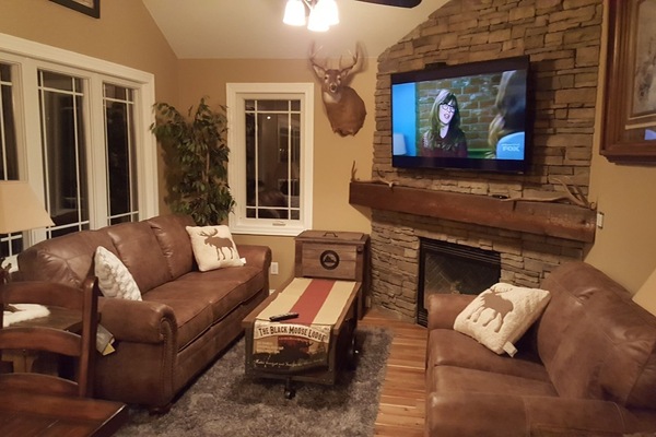 Living Room, Gas Fireplace, Queen Sleeper Sofa, 65" TV, WIFI