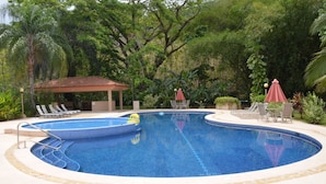 Una piscina con sillas de descanso y sombrillas, rodeada de abundante vegetación.