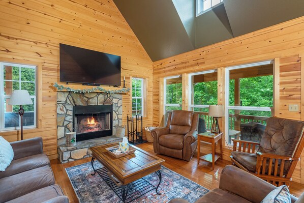 Smart TV, fireplace, video games, DVD player