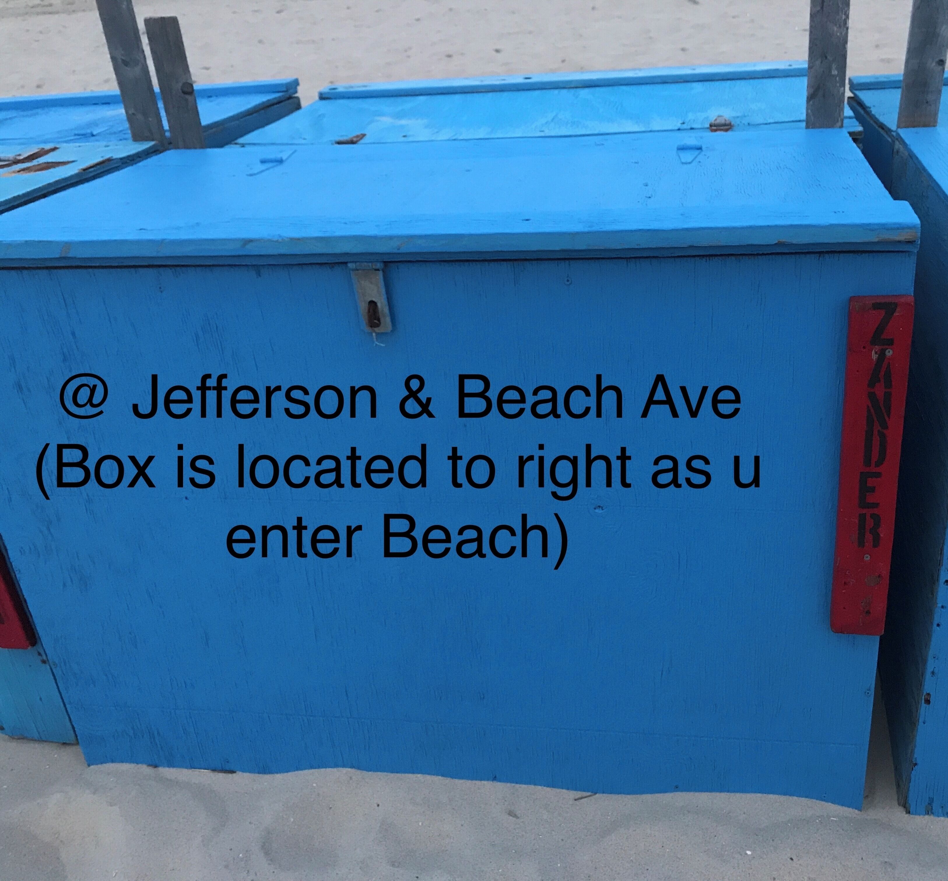 A blue utility box with text indicating its location at Jefferson & Beach Ave.