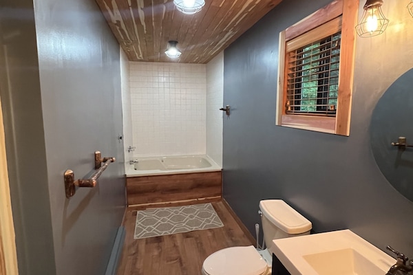 Combined shower/tub, hair dryer, towels, toilet paper