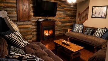 Smart TV, fireplace, DVD player, music library