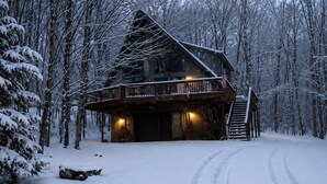 A log cabin with a porch, surrounded by snow-covered trees.