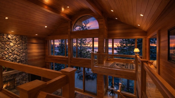 A wooden interior with a stone fireplace, large windows, and a view of trees.