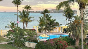 Un espace piscine offrant une vue sur la mer, entouré de palmiers et bordé d’un bâtiment à la façade jaune.
