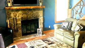 Smart TV, fireplace, DVD player, books