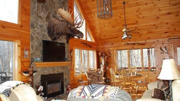 Smart TV, fireplace, books, offices