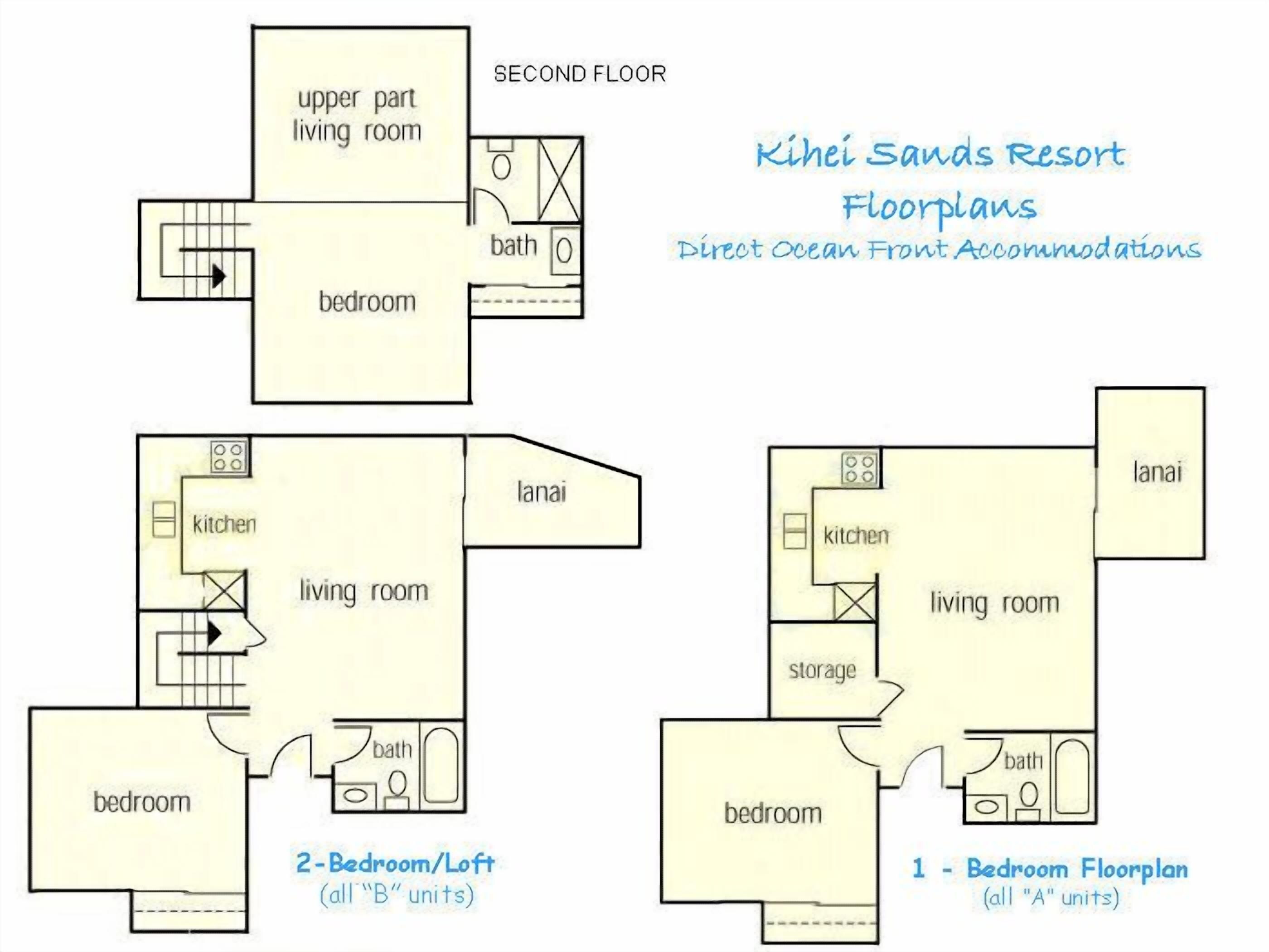 Grundrisse vom Kihei Sands Resort, darunter ein 2-Schlafzimmer-Apartment mit Loft und ein 1-Schlafzimmer-Apartment, mit Wohnzimmern, Schlafzimmern, Küchen und Bädern.
