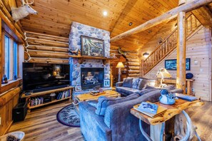 Smart-tv, een open haard, een dvd-speler en boeken