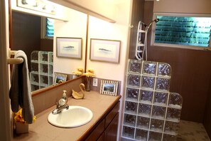 Douche, sèche-cheveux, serviettes fournies, savon