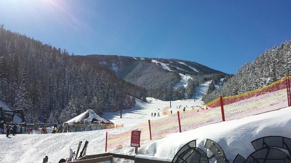Une piste de ski enneigée, sous un ciel dégagé, entourée de montagnes boisées.