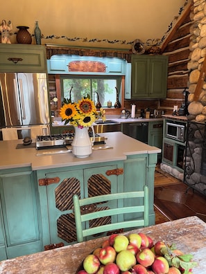 Een koelkast, een magnetron, een oven, een kookplaat