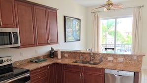 Una cocina con encimeras de granito, electrodomésticos de acero inoxidable, armarios de madera, lavavajillas y ventana con vista a palmeras.