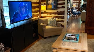 Smart TV, fireplace, DVD player, books