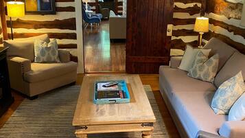 Smart TV, fireplace, DVD player, books