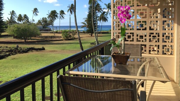 A balcony with a view of the ocean, palm trees, and a purple orchid. - Ocean-View Studio, Steps to Beaches, in Sunny Poipu (Koloa)