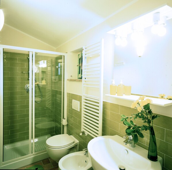 A bathroom with a glass-enclosed shower, a toilet, a sink, and a mirror above the sink.