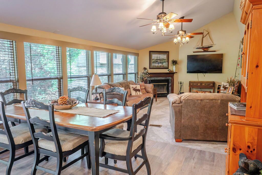 Looking from the kitchen to the great room and dining table