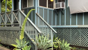 Un edificio residencial con escaleras, un porche y plantas verdes grandes.