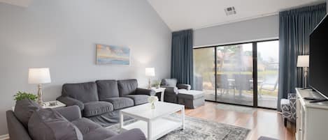 Smart TV, fireplace, DVD player, books